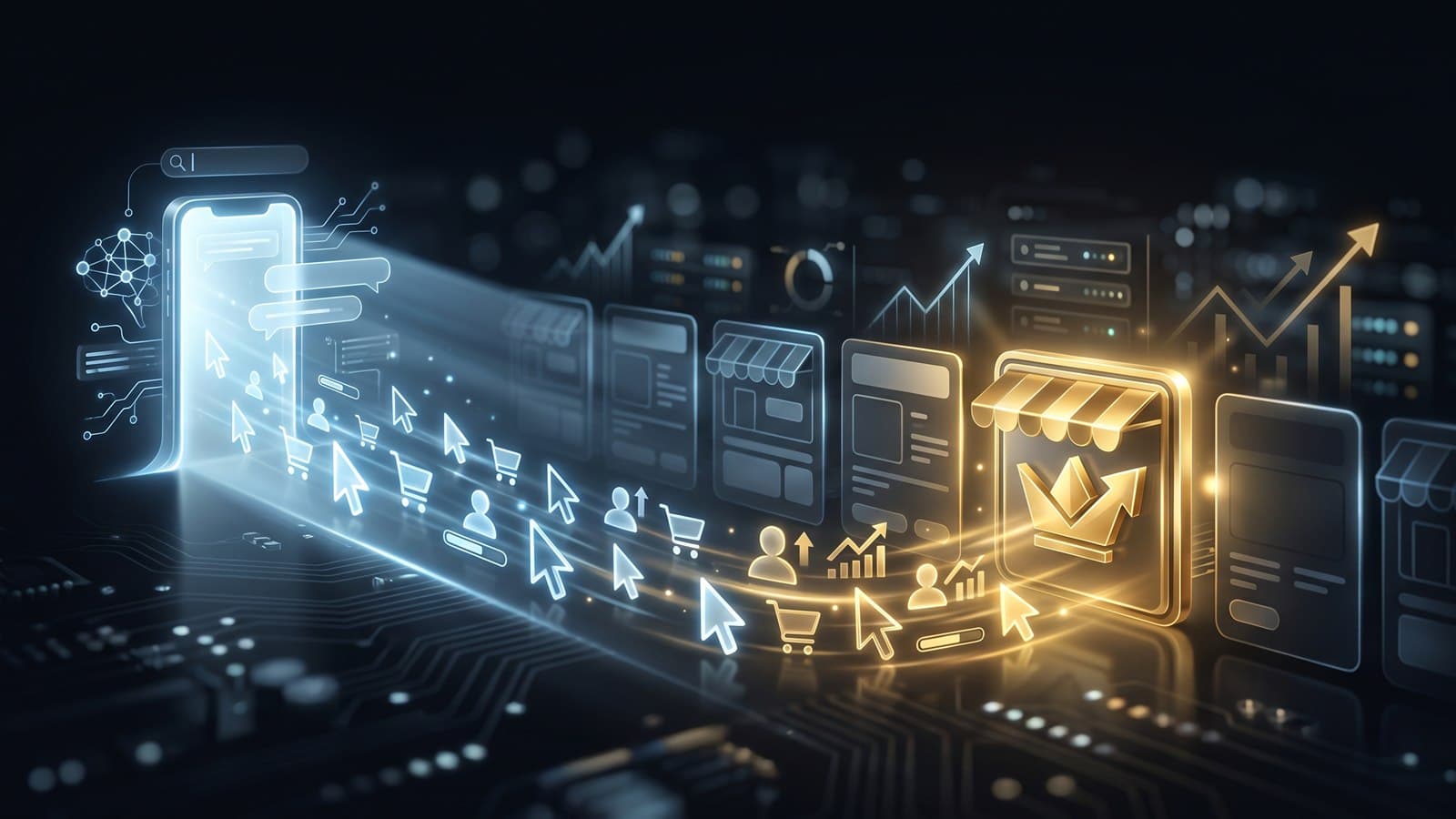 Editorial illustration of an AI assistant funneling high-value shoppers toward a single highlighted brand storefront, illustrating why AI-search readiness wins the buyer shortlist in 2026.