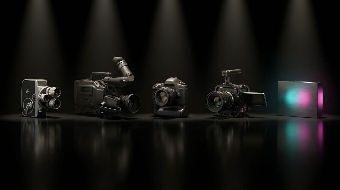 Row of professional filmmaking cameras on a dark studio floor under spotlights, from left to right: vintage film camera, shoulder-mounted camcorder, DSLR, cinema camera, and a glowing color-lit box image accessory.