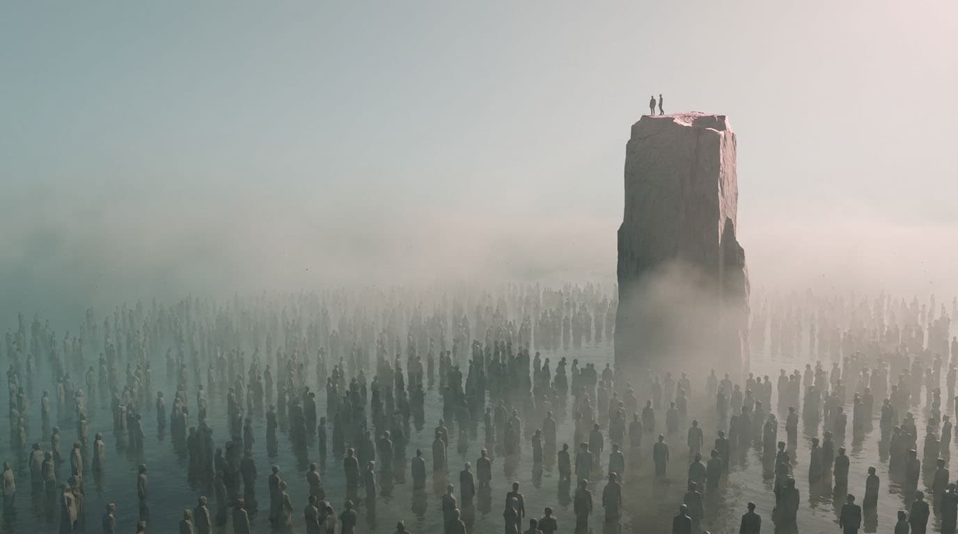 Abstract cinematic composition showing fog and light revealing two distinct elevations, a crowded flooded lower plane and a narrow elevated peak, representing how tool commoditization raises the floor while the top of the market pulls further away.
