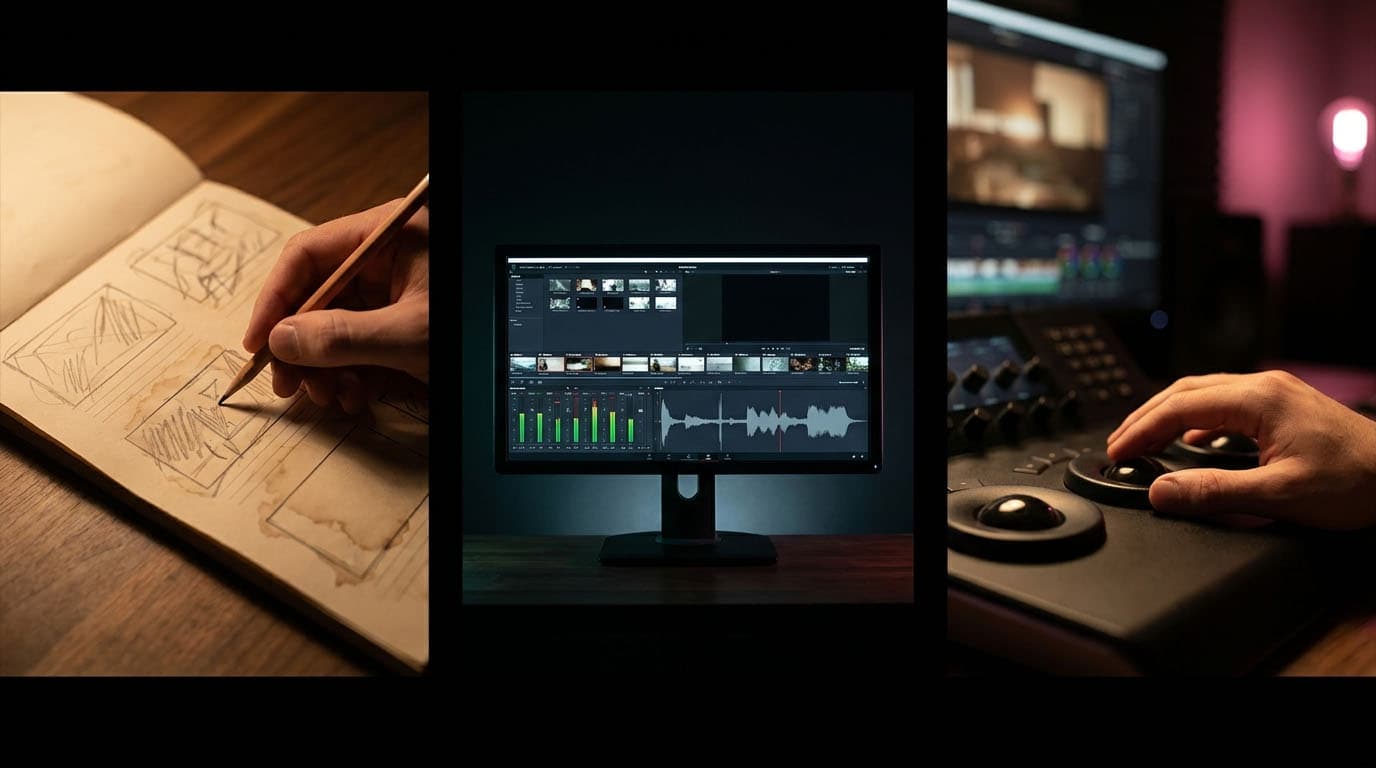 Triptych showing creative workflow: sketching ideas in a notebook, editing video on a monitor, and tweaking audio on a mixing console in a studio.
