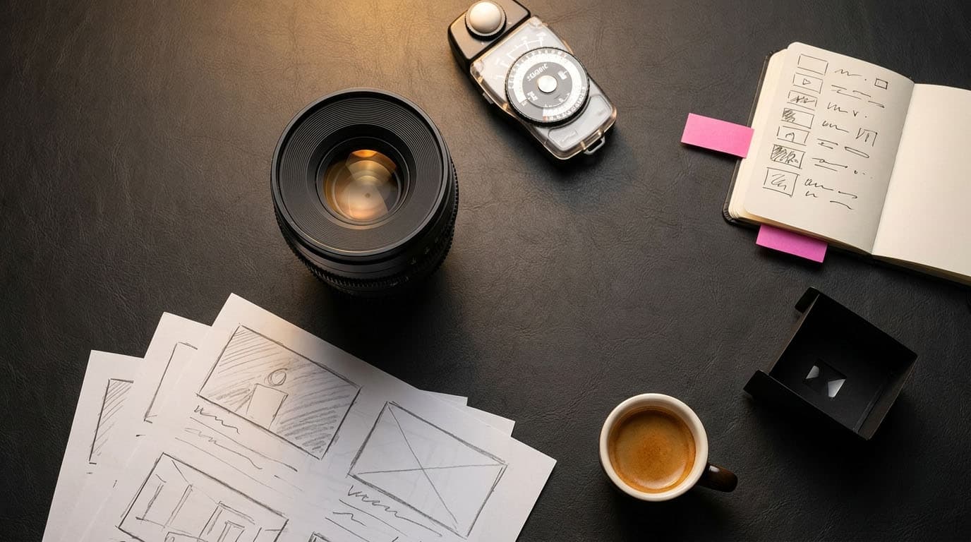 Top-down desk scene with a camera lens, vintage instant camera, open notebook with scribbles, printed sketches, coffee cup, and pink sticky notes on a dark surface.
