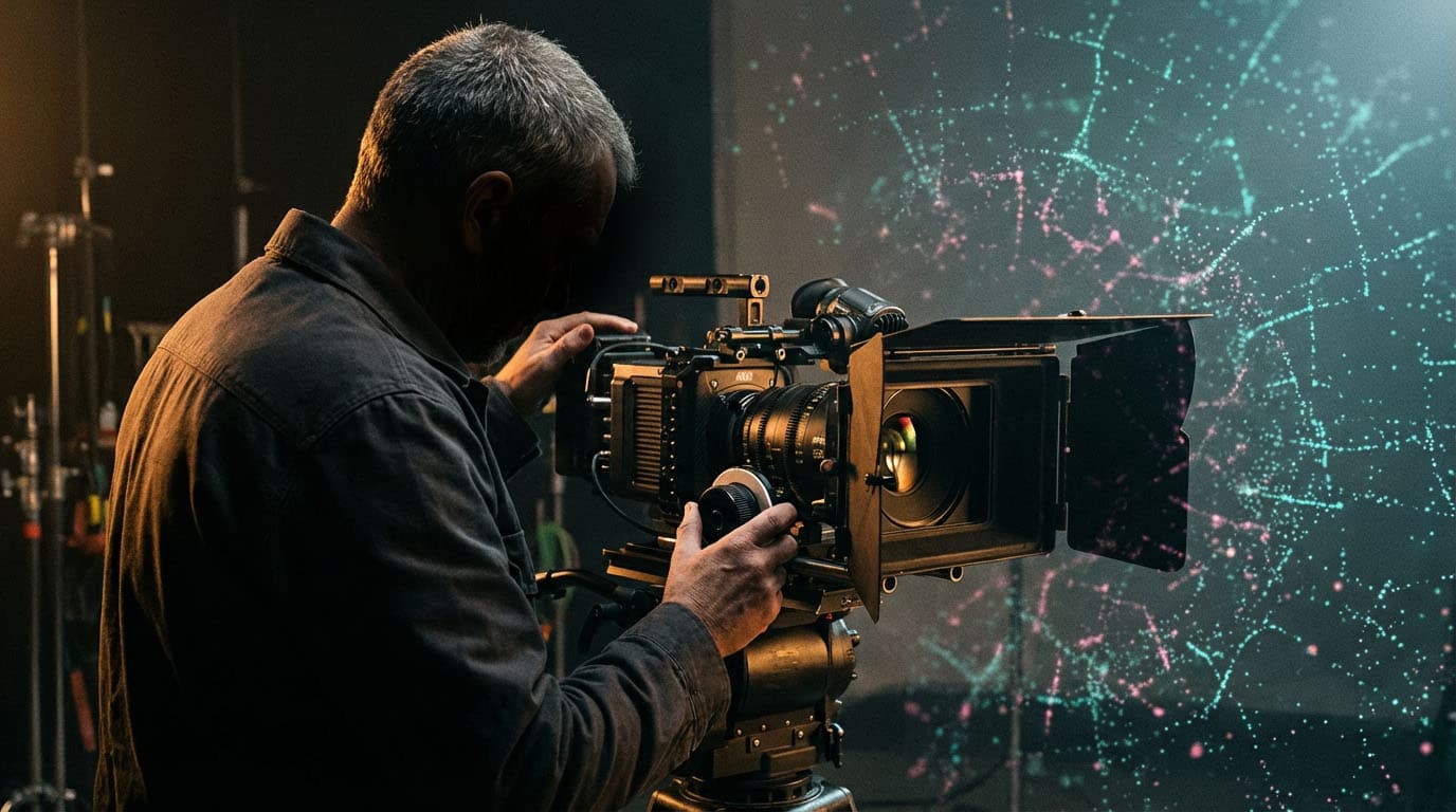 Veteran cinematographer operating a cinema camera overlaid with AI generation grid, Fusion Media AI Human + AI + Human methodology.