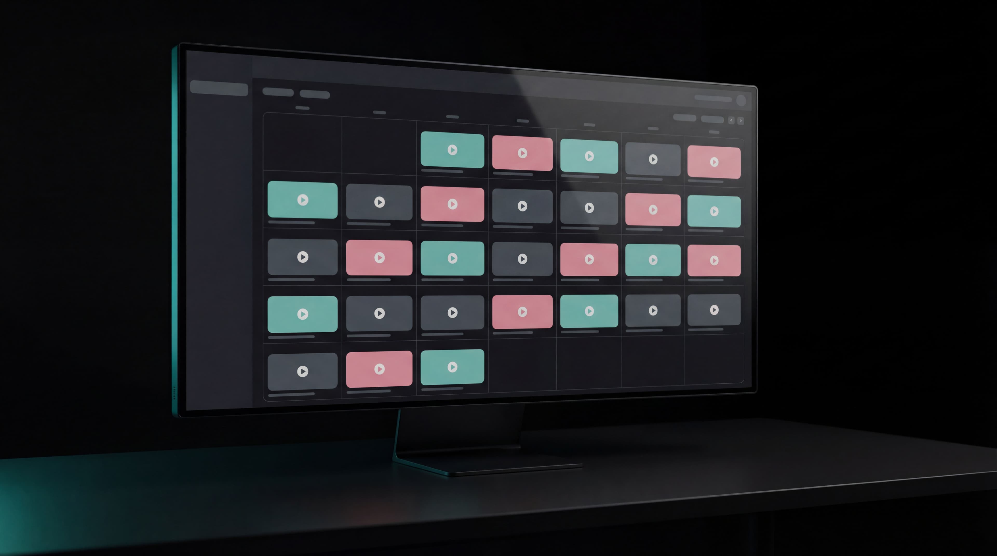 Wide computer monitor on a dark surface displaying a dense grid of teal, pink, and grey video thumbnail cards, representing the rolling, library-style output of an OpEx video retainer dashboard.