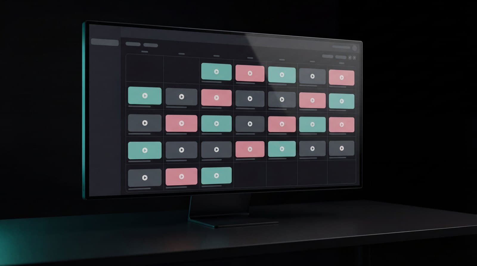 Wide computer monitor on a dark surface displaying a dense grid of teal, pink, and grey video thumbnail cards, representing the rolling, library-style output of an OpEx video retainer dashboard.