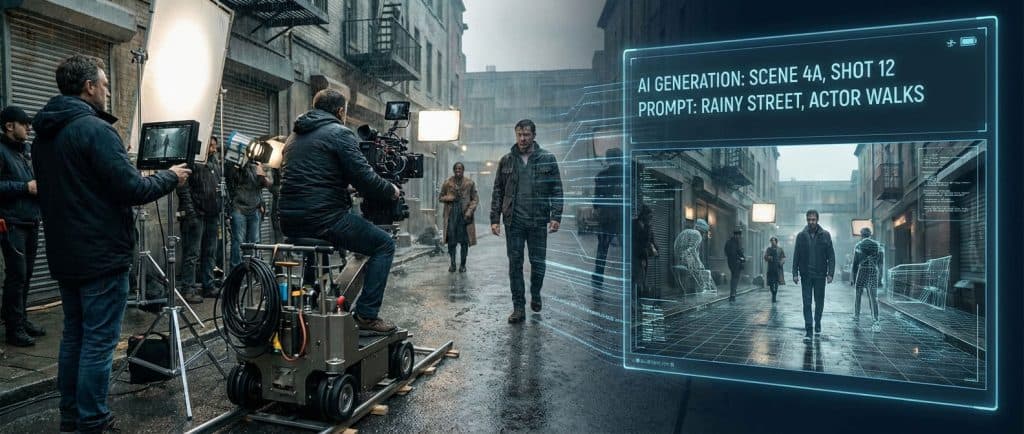 Film set lighting alongside AI prompt window, two production paradigms side by side.
