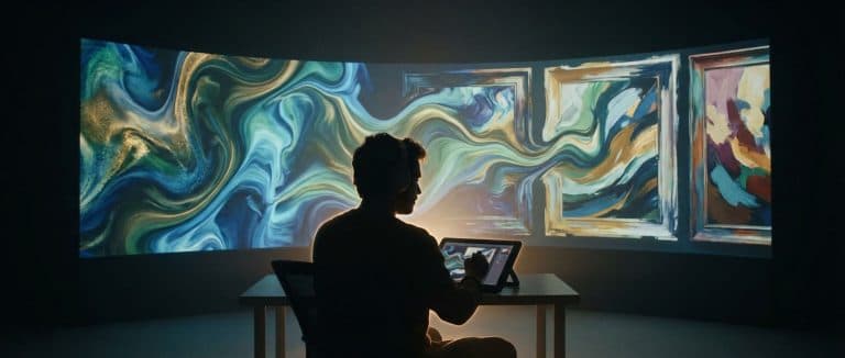 Designer at a workstation with sketchbook, camera, and AI prompt window, multiple tools, single point of view.
