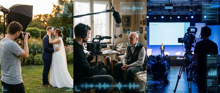Wedding photographer mid-ceremony, live event camera op, and documentary crew, work that stays human-centered.
