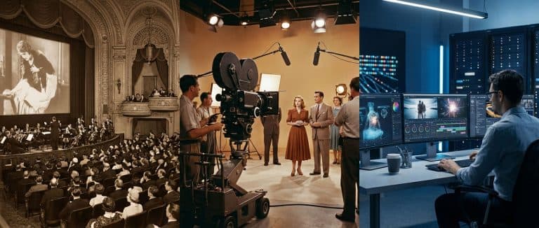 Vintage cinema projector and modern audio mixing console, sound revolution then, AI revolution now.