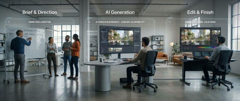 Human → AI → Human workflow diagram visualized as a real production set.