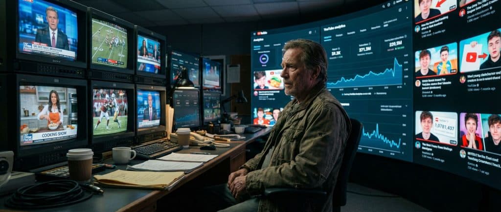 Creative professional looking at AI-generated frames on monitors, concerned but engaged.