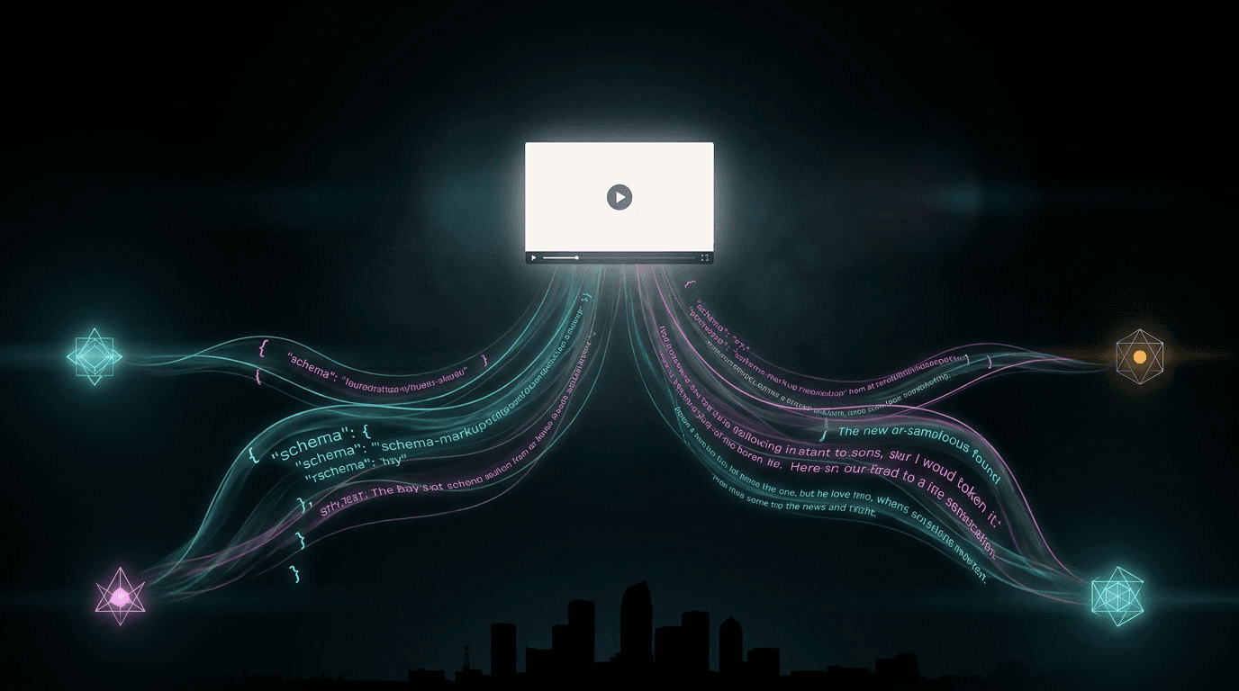 Editorial illustration showing a SearchGPT Deployment Kit forcing AI search engines to cite a video as the definitive source, Tampa Bay business AEO strategy 2026.