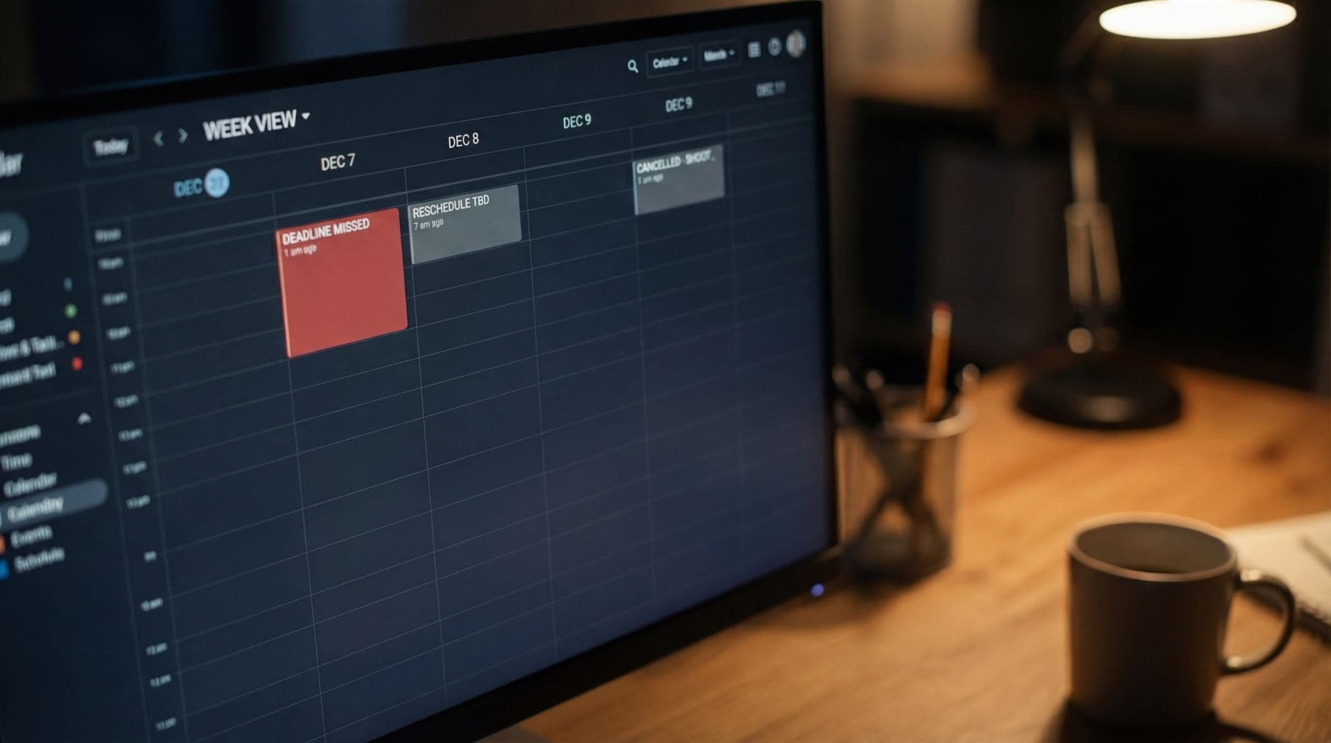 Cinematic frame of an executive AI video review environment with secure workstation monitors, production controls, and a controlled enterprise pipeline.