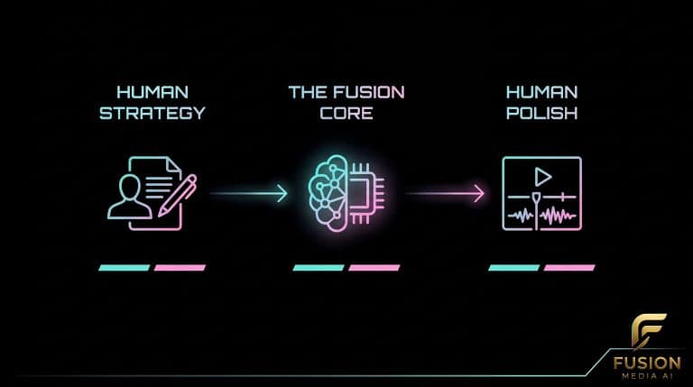 Fusion Media AI Human + AI + Human pipeline diagram on a dark background: Human Strategy icon, then The Fusion Core neural-chip icon, then Human Polish icon, connected by teal and magenta arrows, with the FMAI logo in the bottom right.