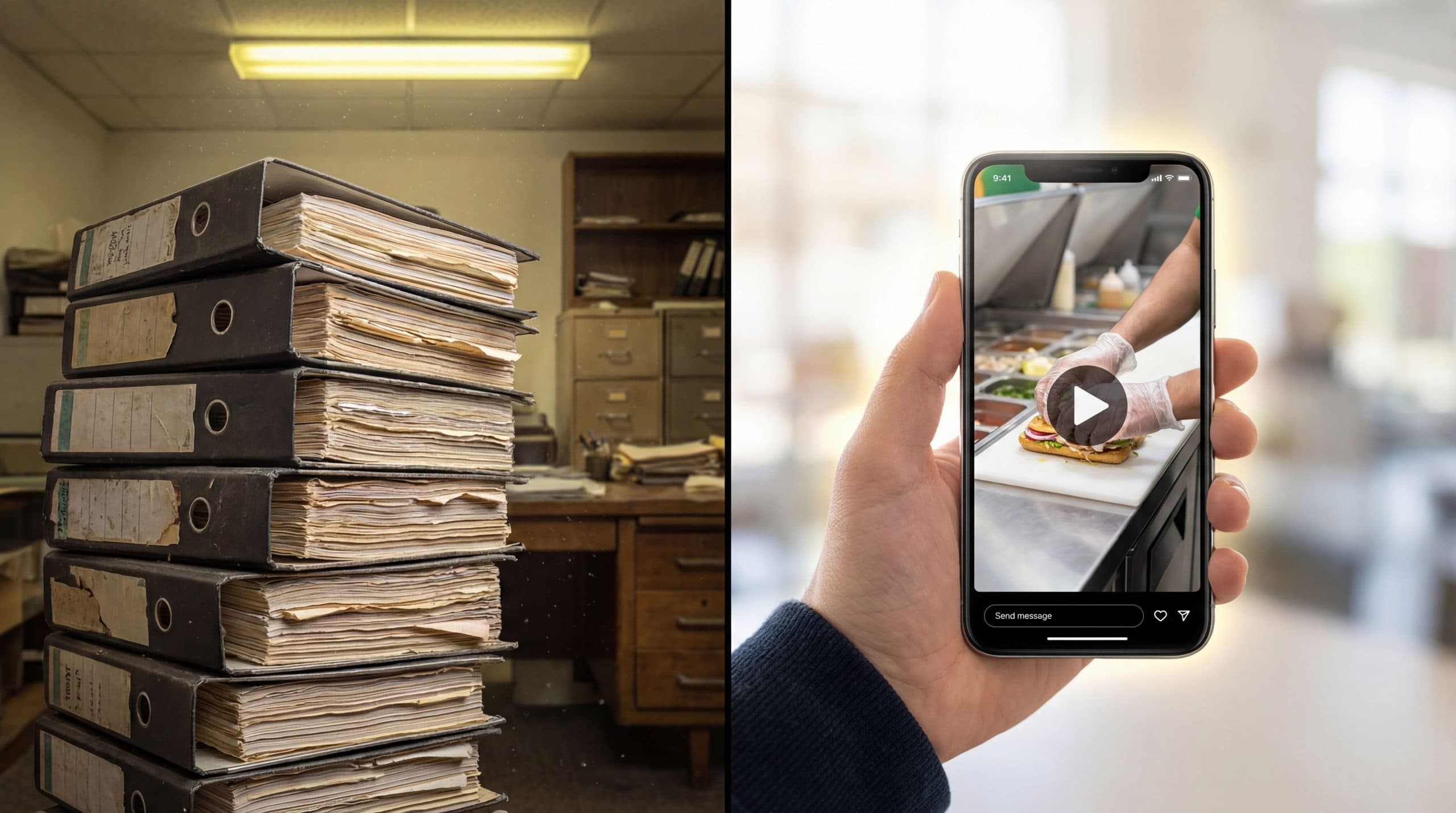 Split image: stack of worn 3-ring franchise training binders in a back-office on the left, and a hand holding a smartphone playing a vertical AI training video of a sandwich line on the right.