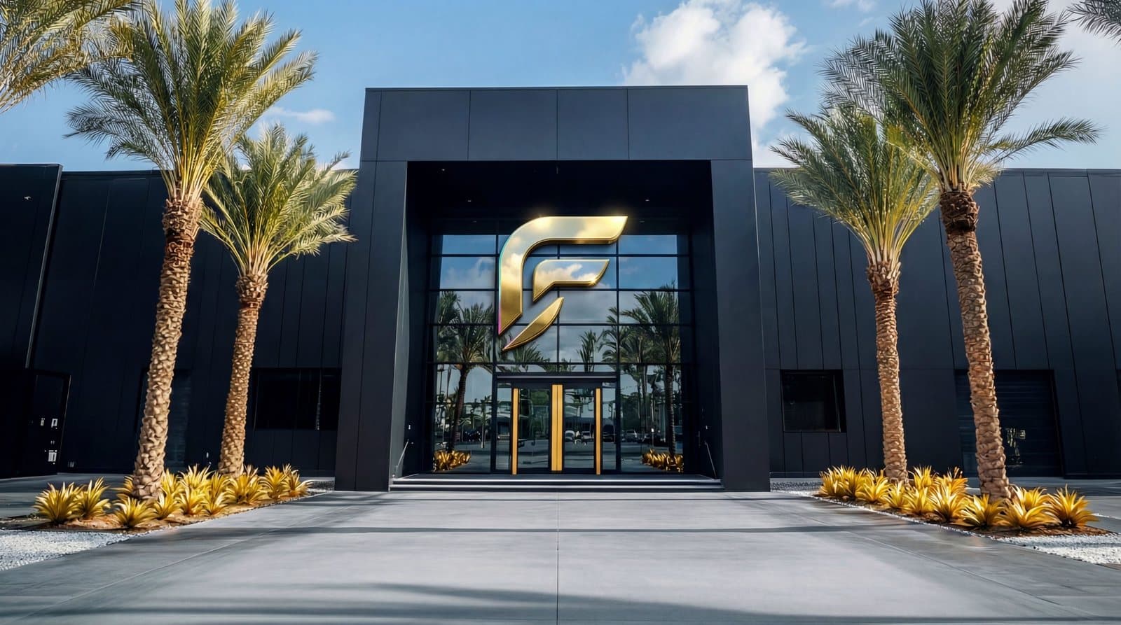 Fusion Media AI Headquarters exterior with monumental gold F logo, palm trees, and gold ornamental plantings flanking the entrance.