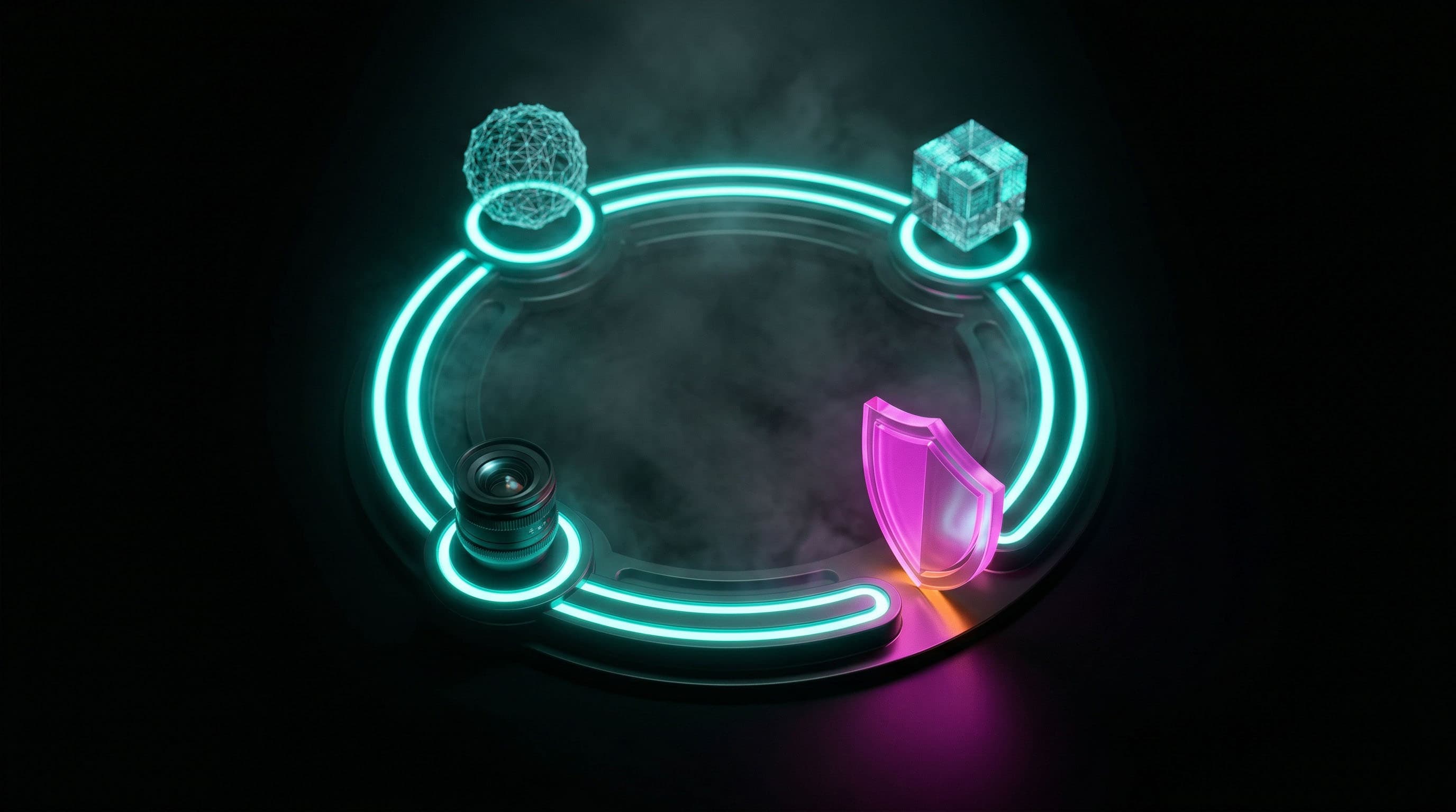 Conceptual rendering of an AI-native cinema capture stage, a glowing teal ring holding a wireframe sphere, a translucent cube, a camera lens, and a magenta data shield, illustrating the merger of optics, AI inference, and IP protection.