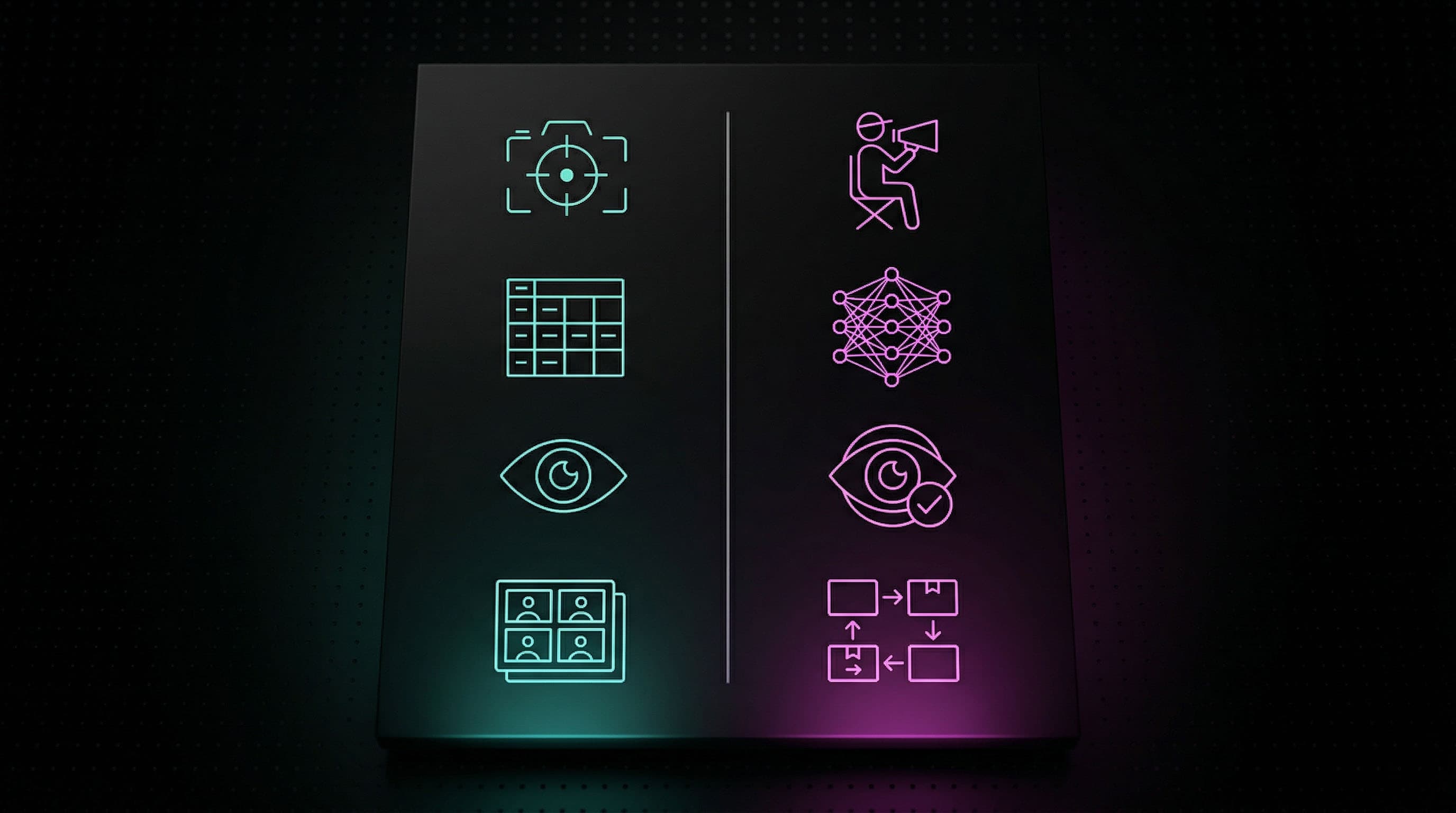 A two-column icon panel with a teal column on the left labeled with traditional production iconography (camera reticle, slate, eye, clapperboard grid) and a magenta column on the right with AI iconography (director with megaphone, neural net, validated eye, looped pipeline), separated by a thin vertical divider.