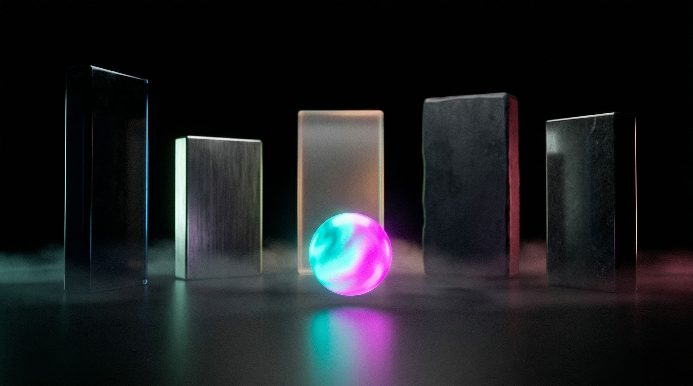 Five vertical metal monoliths surrounding a glowing teal-and-magenta sphere on a misty floor, representing AI labs harvesting structured training data from every captured frame.