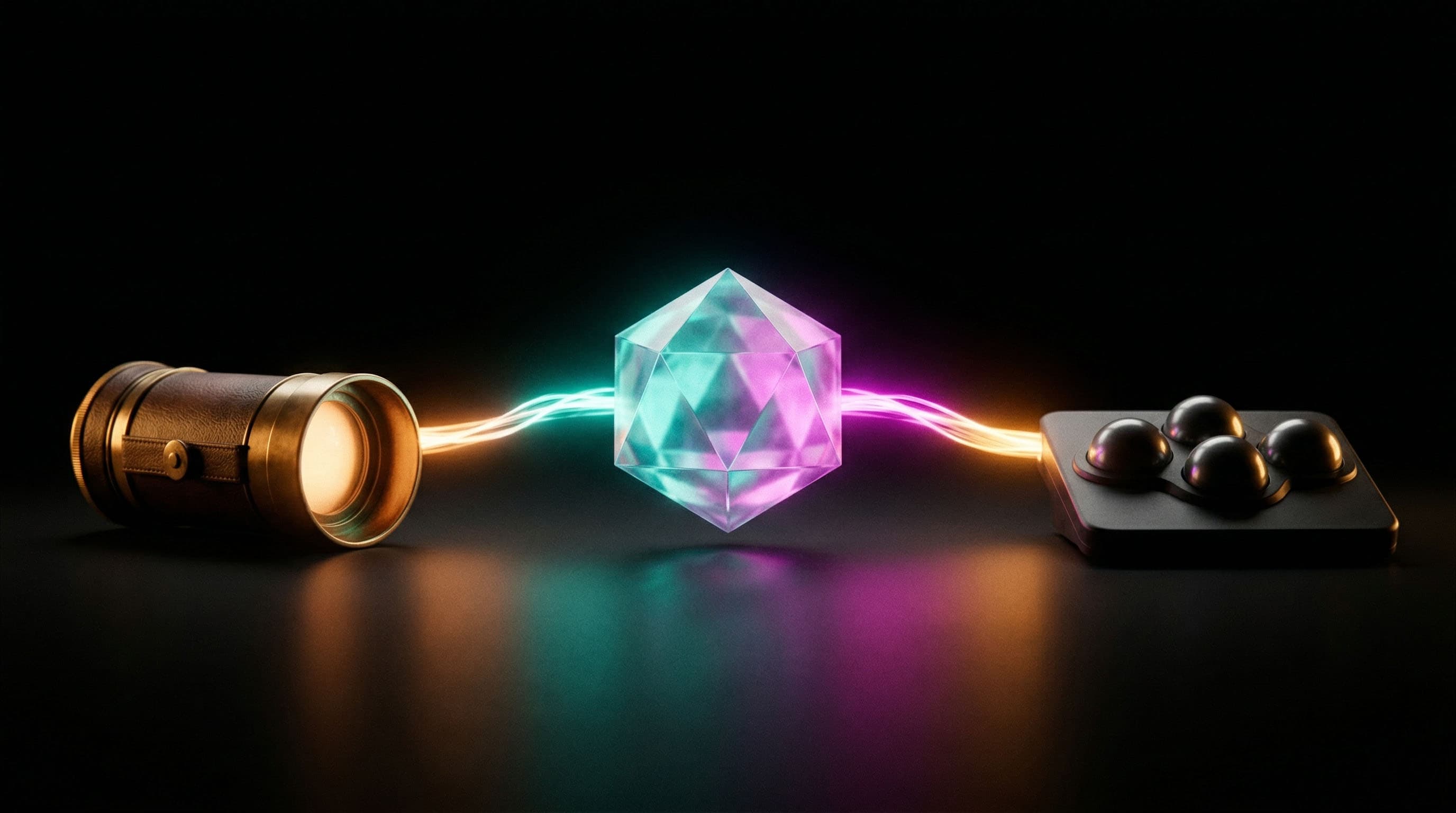 A vintage brass camera lens on the left, a glowing teal-and-magenta crystalline core in the middle, and a hand on a professional audio mixing console on the right, wired together as a single circuit, visualizing Human + AI + Human.