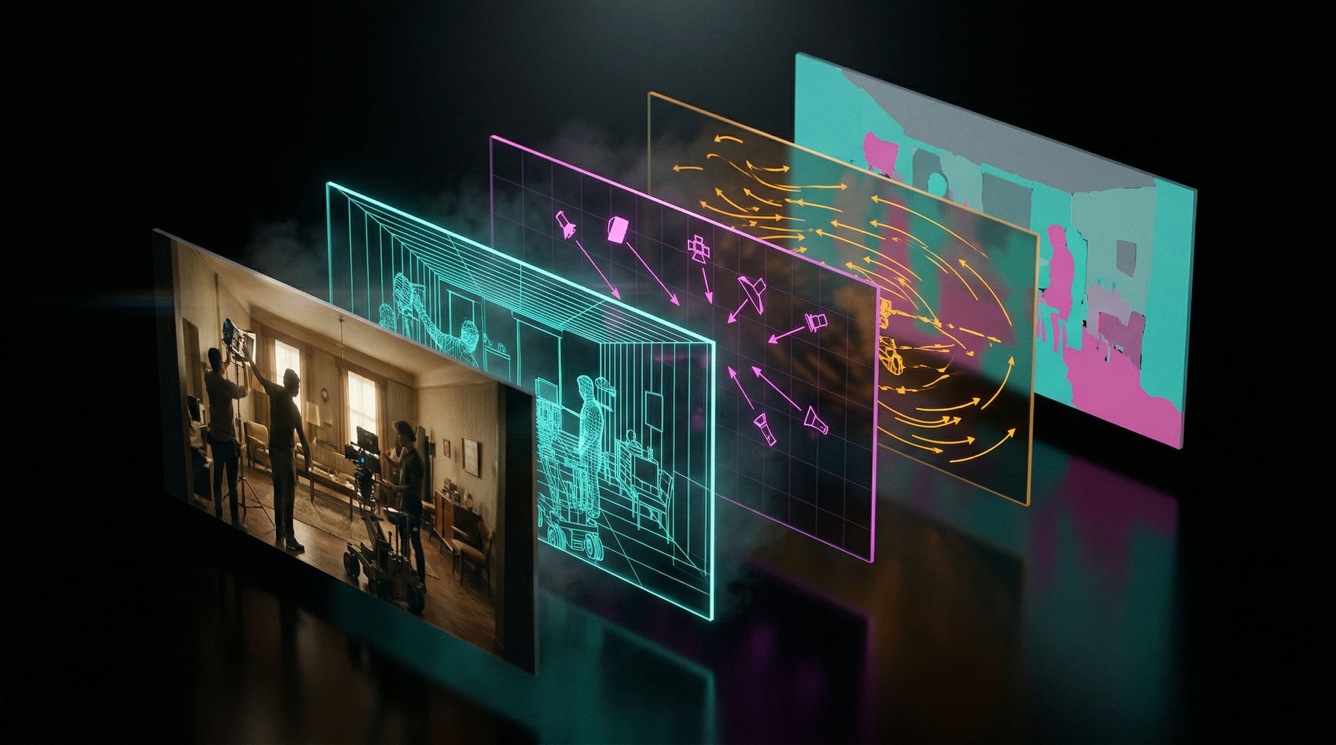 Layered visualization of Latent RAW capture: a real production set in front, peeled back into a teal wireframe of the scene, a magenta layer of motion vectors, an orange layer of optical flow, and a final segmentation map, representing how an AI-native sensor would store scene data instead of fixed pixels.