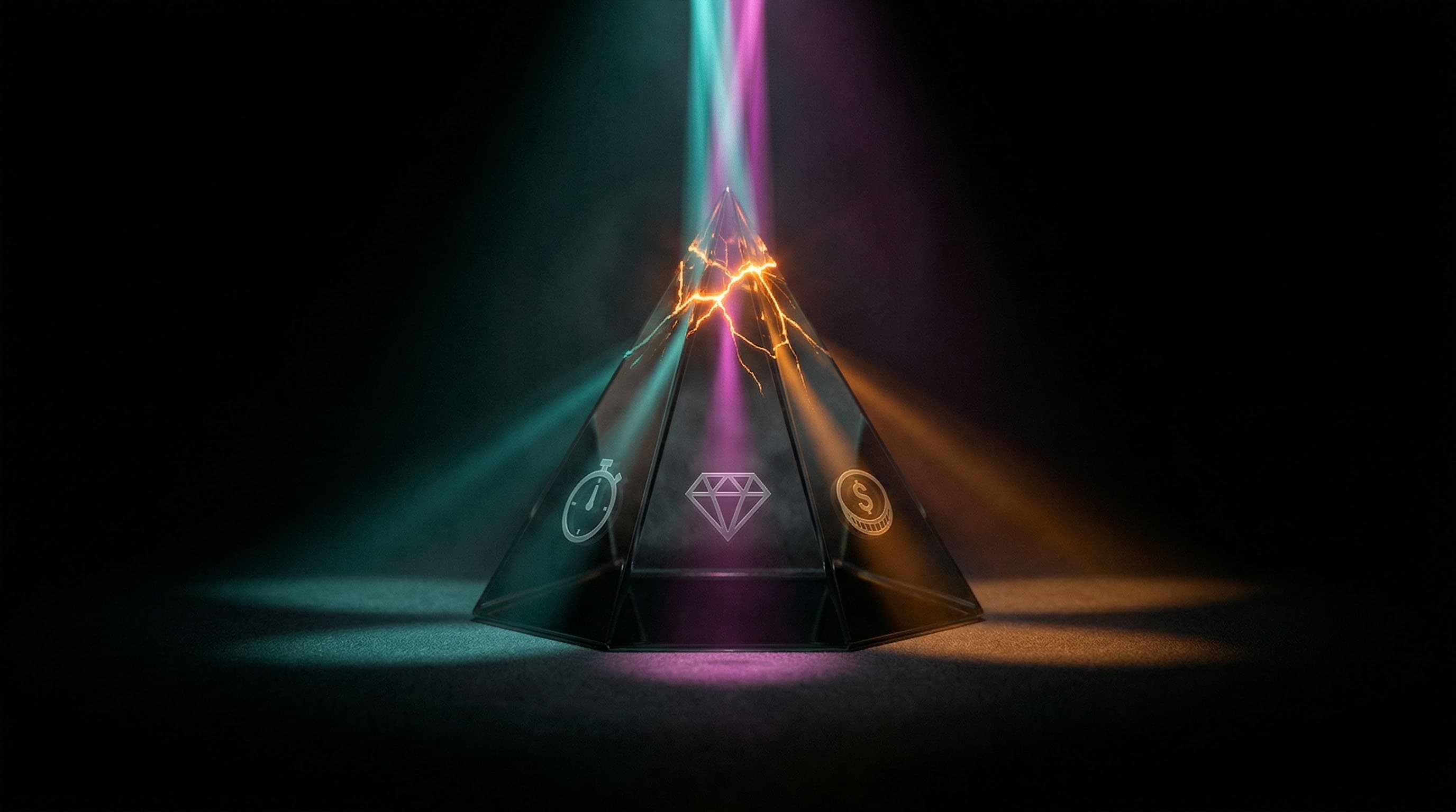 A dark glass pyramid with three icons on its visible faces, a stopwatch (Fast), a diamond (Good), and a dollar sign (Cheap), being shattered at the apex by a beam of teal-magenta-orange light, illustrating AI breaking the classic Fast/Cheap/Good production triangle.