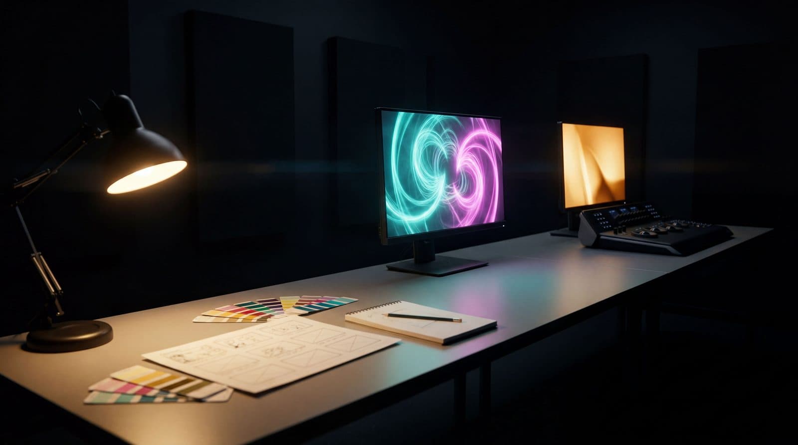 A darkened color grading suite, lamp, color swatch fan, storyboard sketches, and a notebook on a desk in front of a monitor showing a swirling teal-and-magenta render and a warm reference image on a second display.
