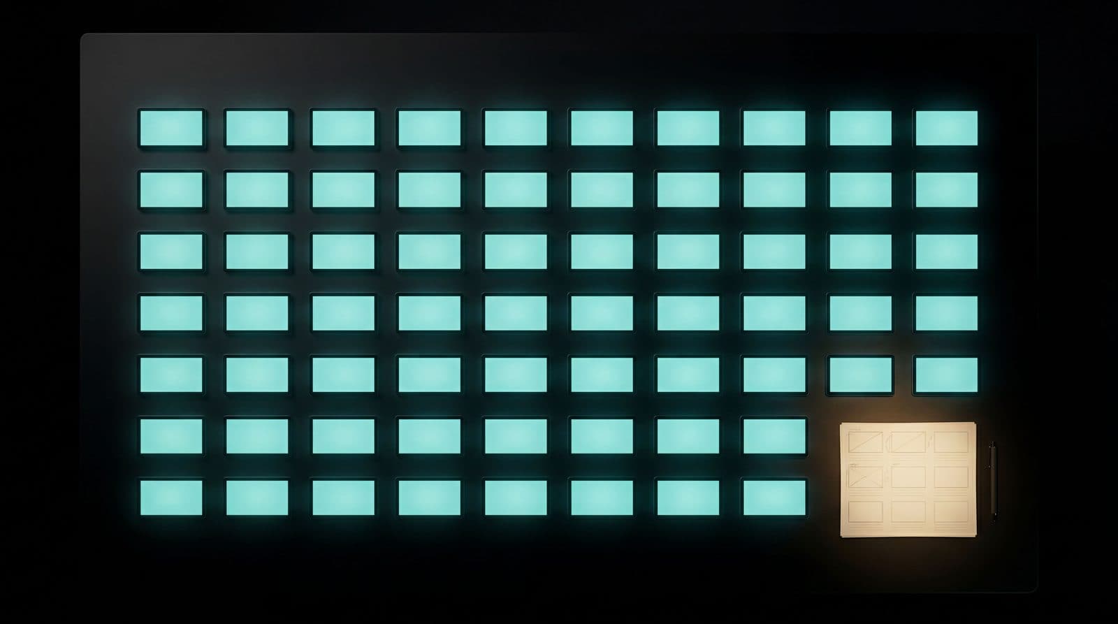 Top-down view of a dark surface with a tightly packed grid of glowing teal video tiles representing finished commercial assets, with a single warm-toned storyboard tablet in the bottom-right corner.
