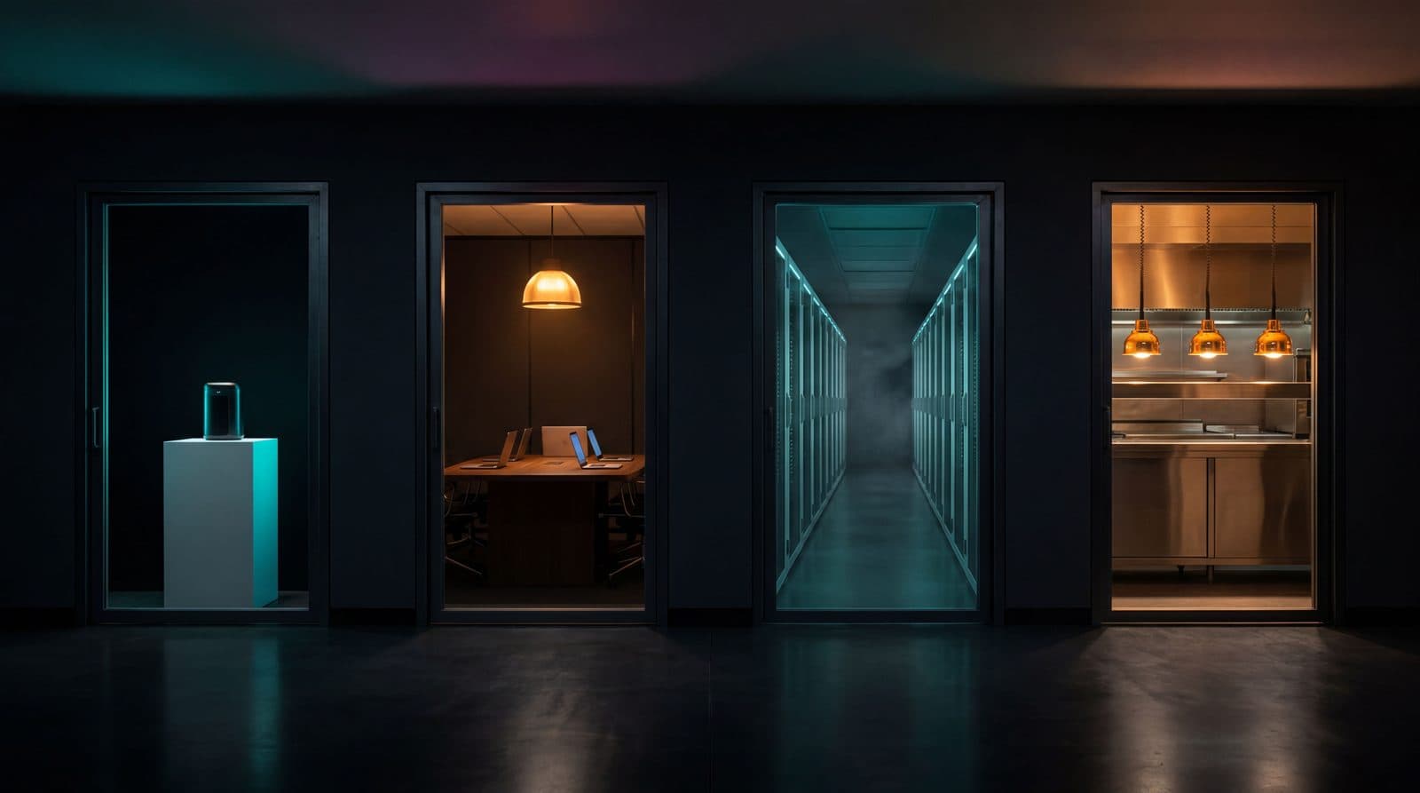 Four illuminated doorways in a dark wall, each framing a different industry: a retail product on a teal-lit pedestal, a warm-lit agency conference room, a cool-toned enterprise data corridor, and a stainless-steel commercial kitchen, representing the four verticals AI video serves.