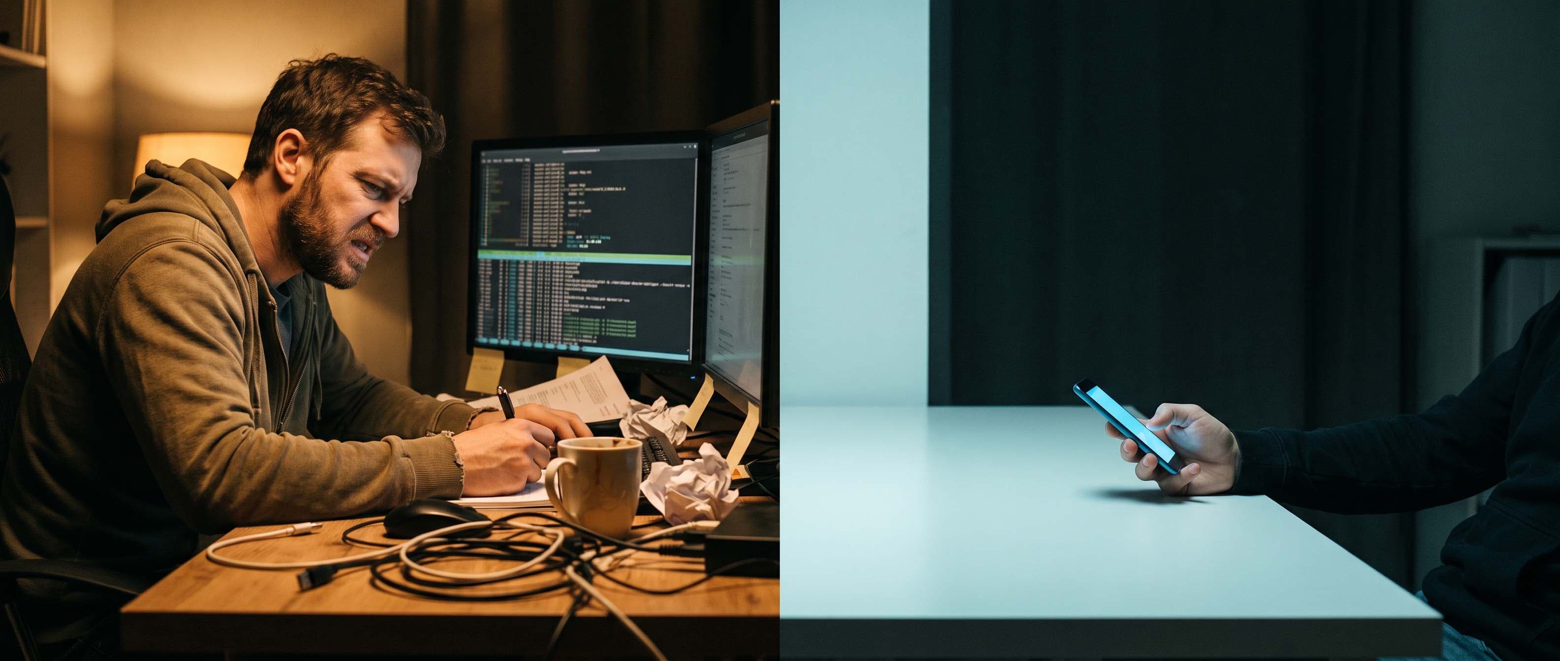 Split image: on the left, a man works at a cluttered desk at night in warm light, writing notes in front of monitors filled with code; on the right, a hand scrolls a phone over an empty table in cool light.