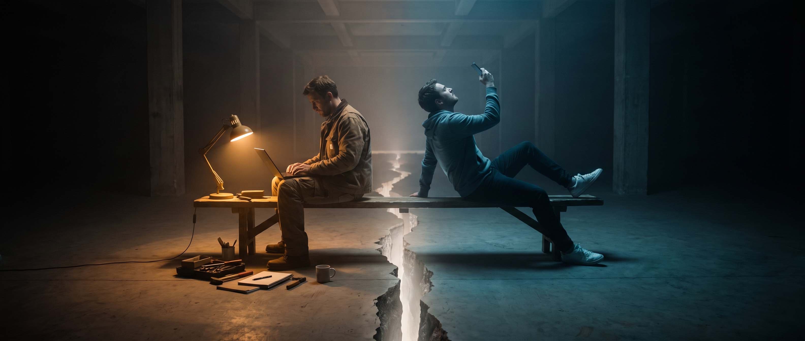 Two men on a long bench separated by a glowing crack in a concrete floor; one works at a laptop under a warm desk lamp with tools and a notebook beside him, the other leans back looking at a phone in cool light.