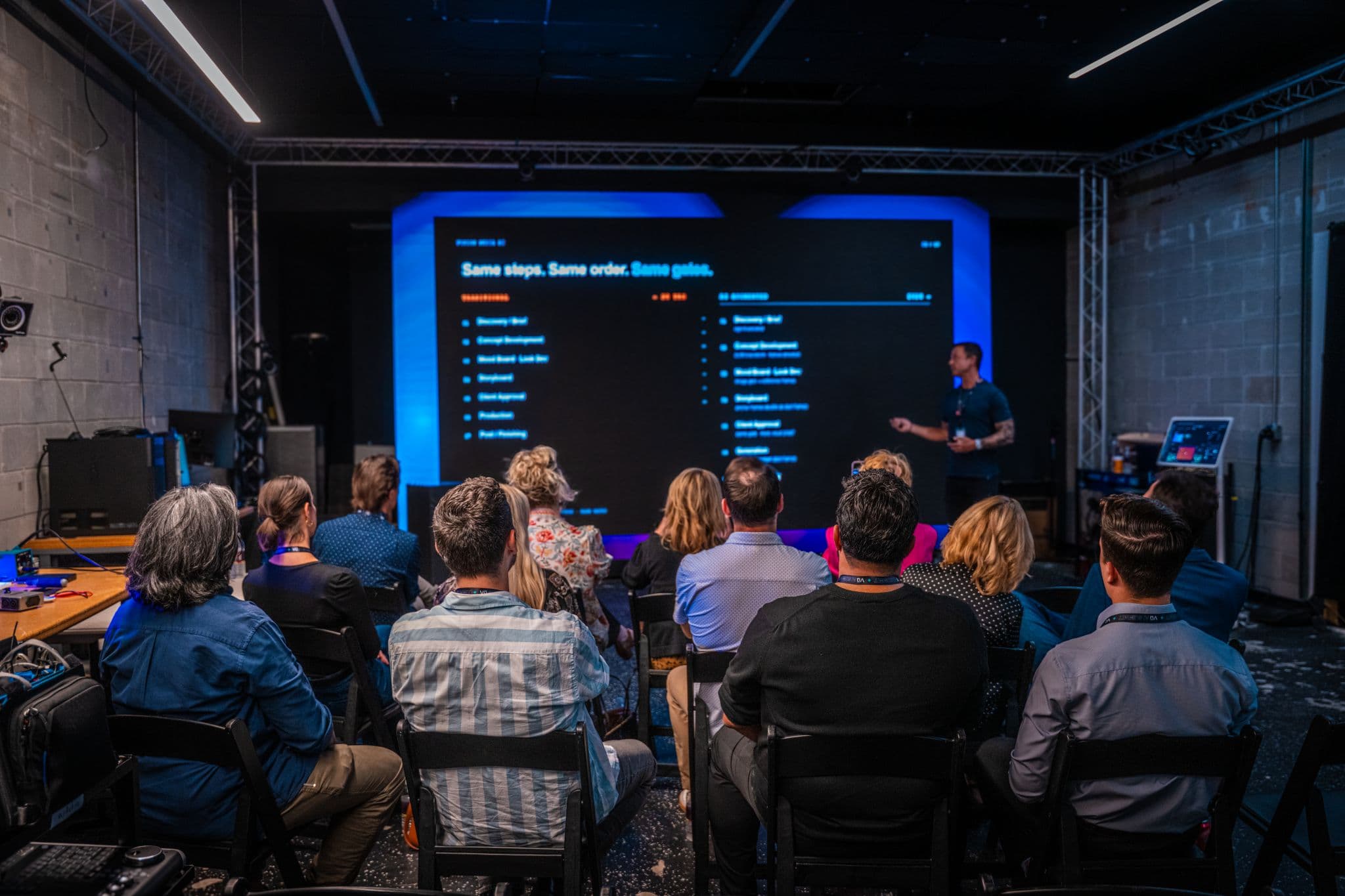Fusion Media AI CEO Corey Holtgard presenting on AI in pre-production at the Vū AI Summit 2026 in Tampa.