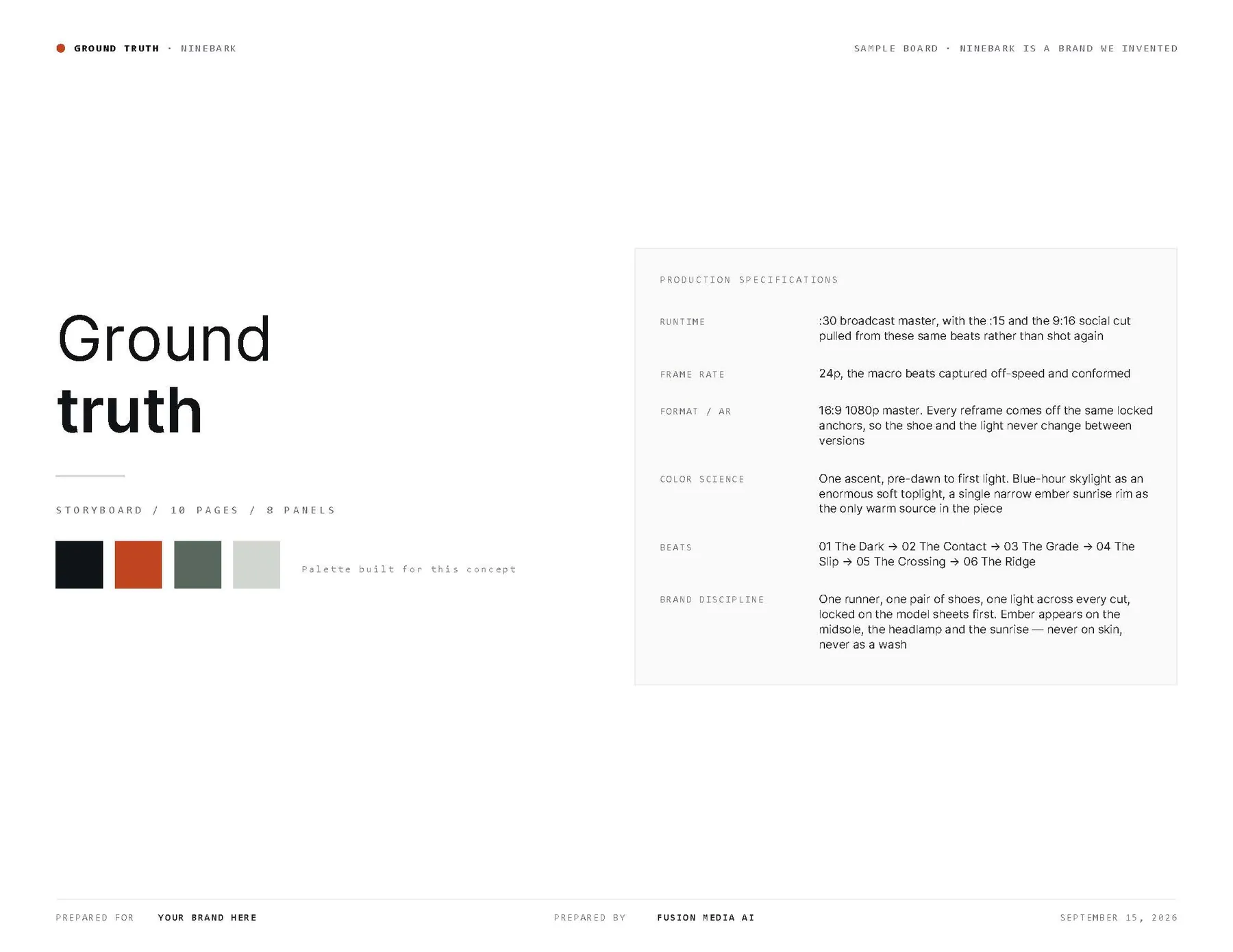 Ninebark sample board, page 01: Cover and production specifications