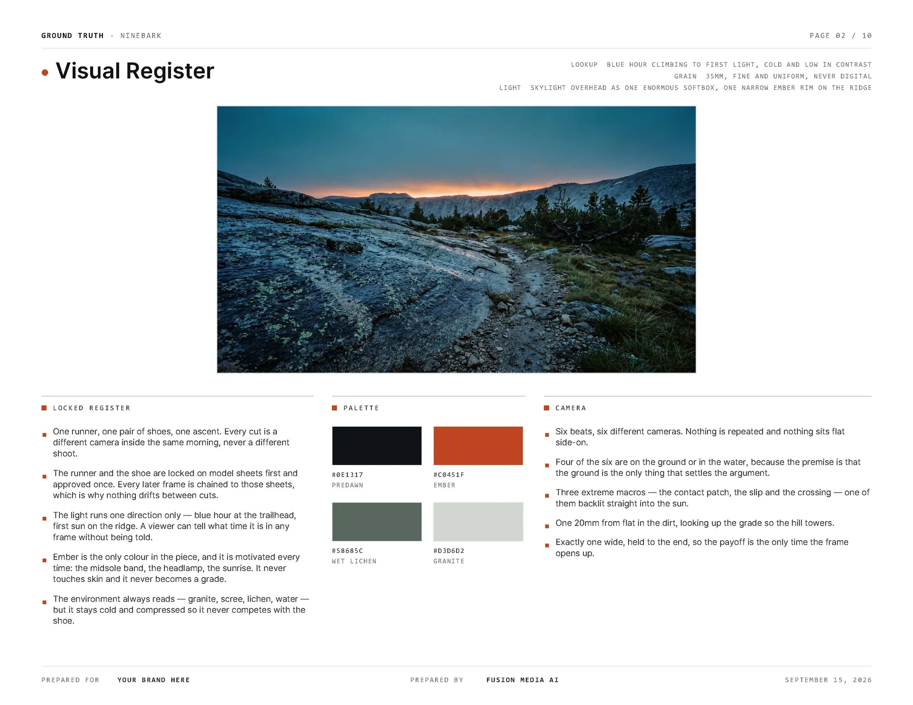 Ninebark sample board, page 02: Visual register: light, grain and palette