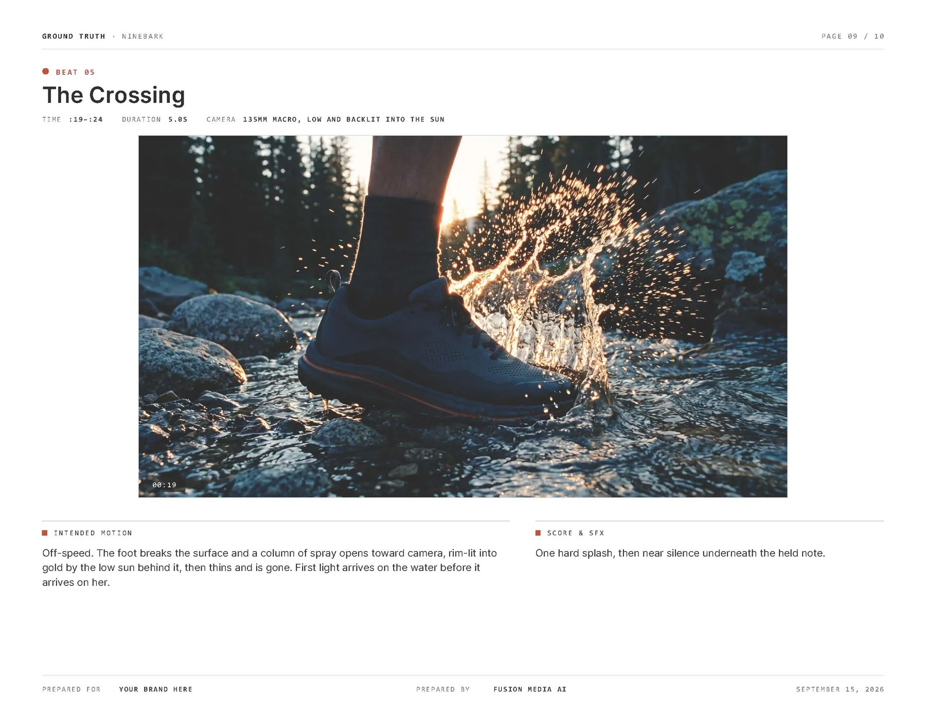Ninebark sample board, page 09: Beat 05, The Crossing: frame, camera, intended motion, score and sound