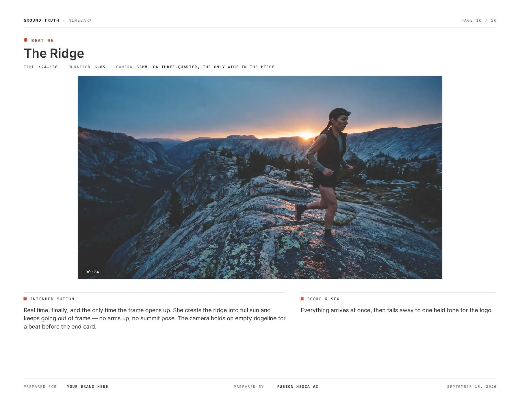 Ninebark sample board, page 10: Beat 06, The Ridge: frame, camera, intended motion, score and sound