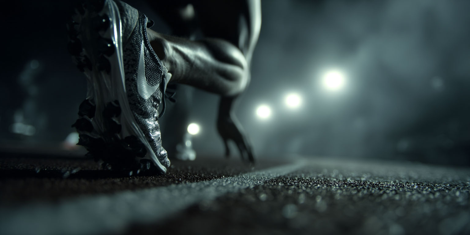Cinematic close-up of a sprinter’s track cleat on the starting line under stadium lights, AI-generated sports ad frame