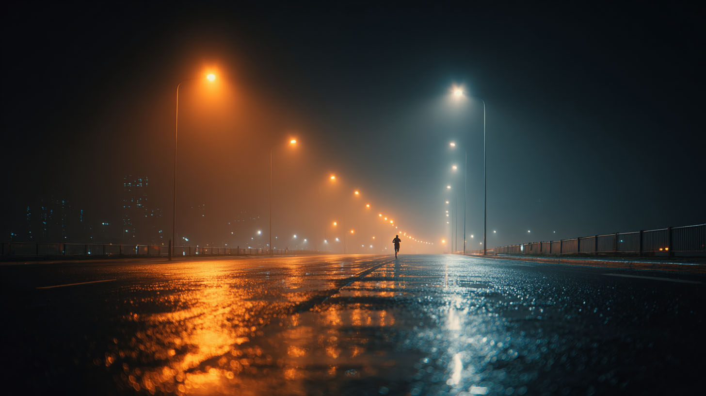 FMAI-Photos-036 » Fusion Media AI Digital human standing in front of a glowing circular light portal on a reflective stage