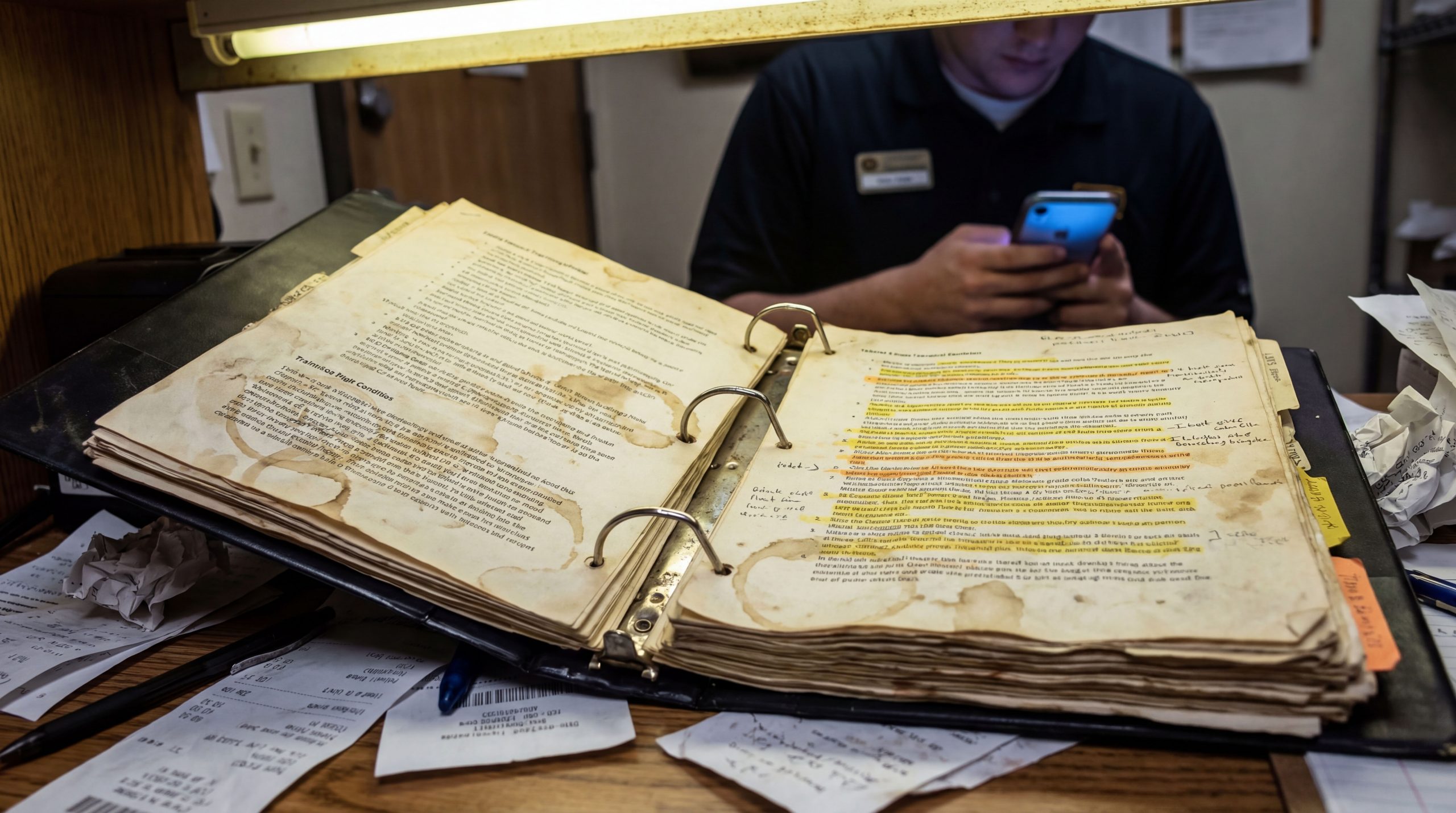 Worn 3-ring franchise training binder open on a cluttered back-office desk with a frontline worker looking at a smartphone in the background