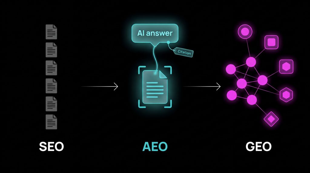 Diagram comparing SEO, AEO, and GEO — showing the evolution from ranked search results to AI citation optimization to full generative engine brand management"