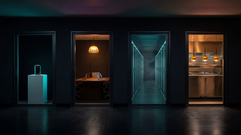 Four Tampa industries served by AI video production — retail advertising, agency white-label, enterprise training, and franchise operations represented in a cinematic quad composition