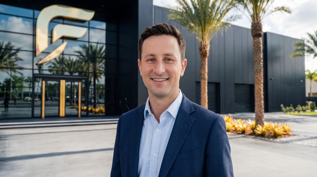 Portrait of a smiling man in a navy suit outside a modern glass building with palm trees behind him by the entrance to an office complex.