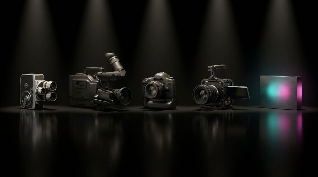 Row of professional filmmaking cameras on a dark studio floor under spotlights, from left to right: vintage film camera, shoulder-mounted camcorder, DSLR, cinema camera, and a glowing color-lit box image accessory.