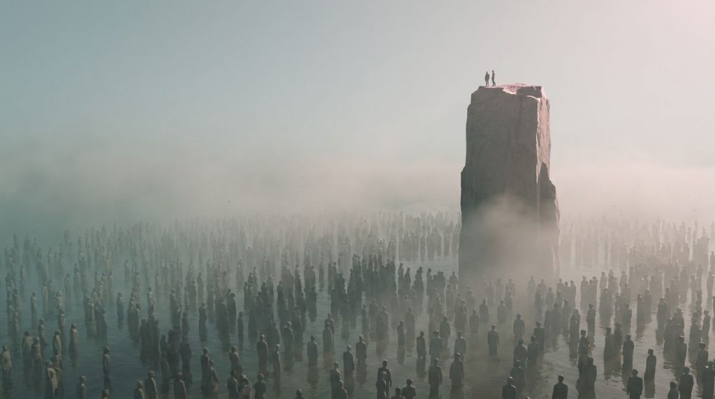Abstract cinematic composition showing fog and light revealing two distinct elevations, a crowded flooded lower plane and a narrow elevated peak, representing how tool commoditization raises the floor while the top of the market pulls further away