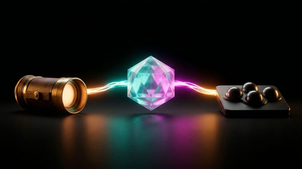 Fusion Media AI Human + AI + Human production pipeline showing human creative direction on the left, The Fusion Core AI generation in the center, and human editorial polish on the right